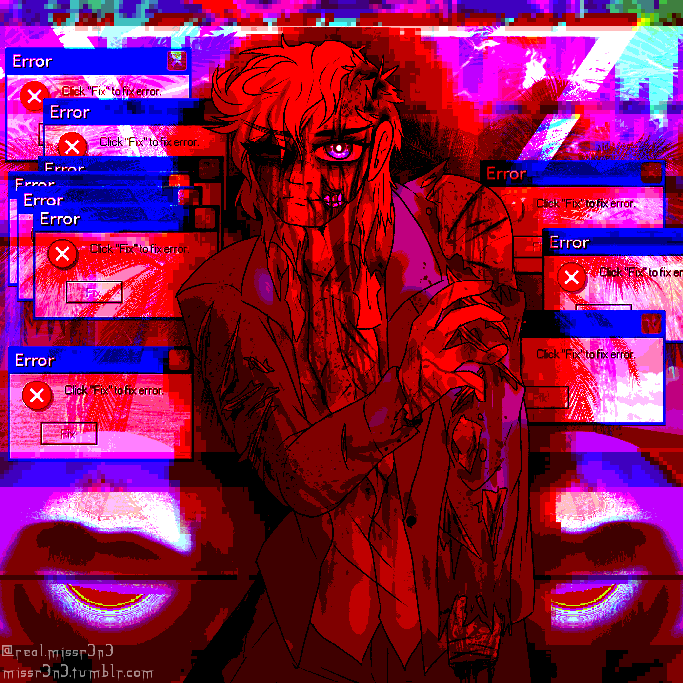 glitchy illustration of harvey harvington, as he appears at the end of bloodmoney/human expenditure program. the background is a vaporwave style collage of palm trees. several windows xp error message prompts surround harvey. the glitch effect leaves harvey and the area around him monochrome red